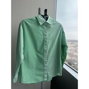 Cabi 100% Cotton Collared Button-Up Blouse Green White Striped Long Sleeve S